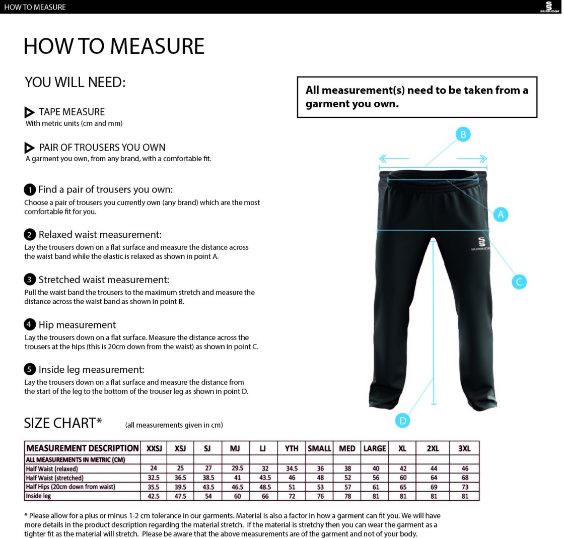 University of Warwick - Poplin Track Pant with Lycra - Unisex Fit - Size Guide