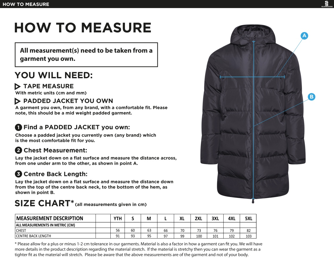 University of Warwick - Active Long Padded Jacket - Unisex Fit SU - Size Guide