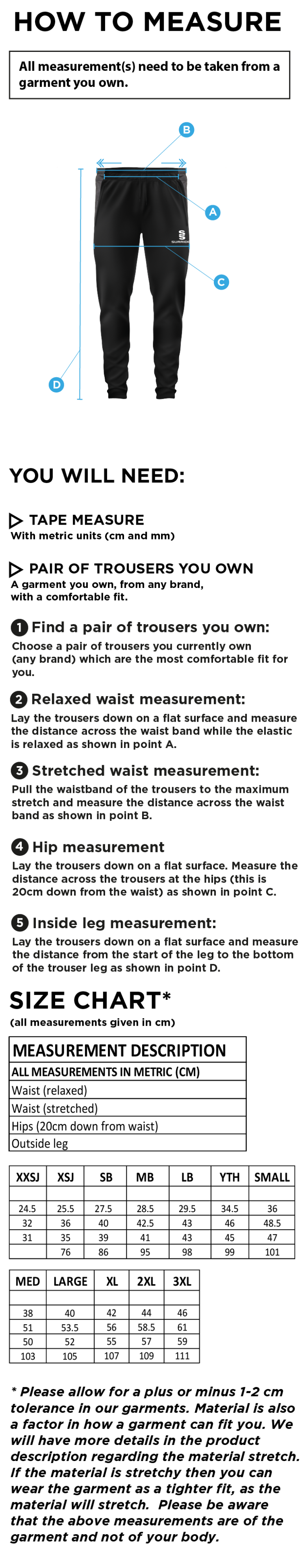 University of Warwick - Tek Slim Training Pants - Unisex Fit - Size Guide