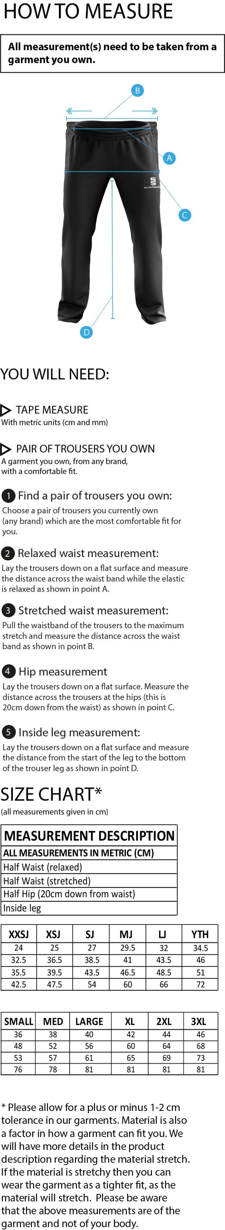University of Warwick - Poplin Track Pant with Lycra - Unisex Fit - Size Guide