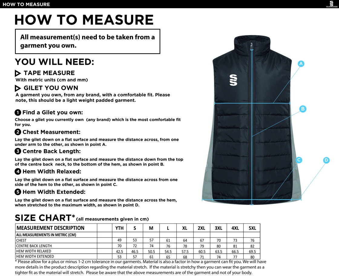 University of Warwick - Active Gilet - Unisex Fit - Size Guide