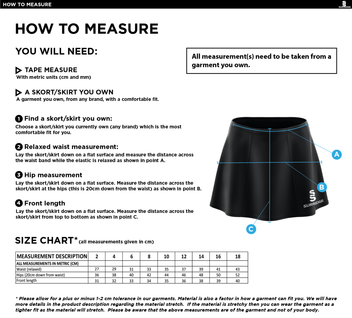 University of Warwick - Skort - Size Guide