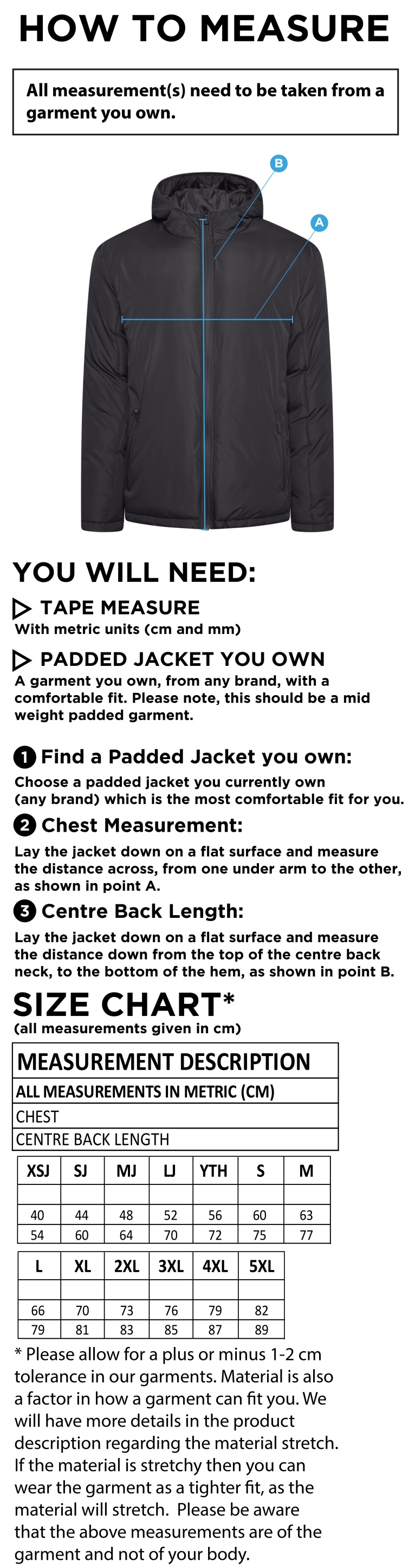 University of Warwick - Active Padded Jacket - Unisex Fit - Size Guide