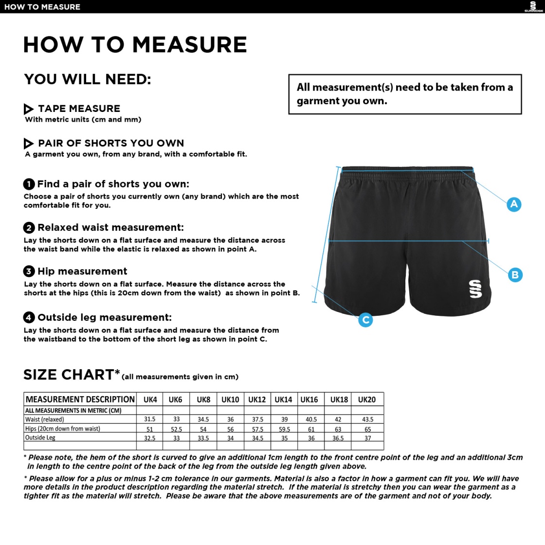 University of Warwick - Performance Gym Short - Women's Fit - Size Guide