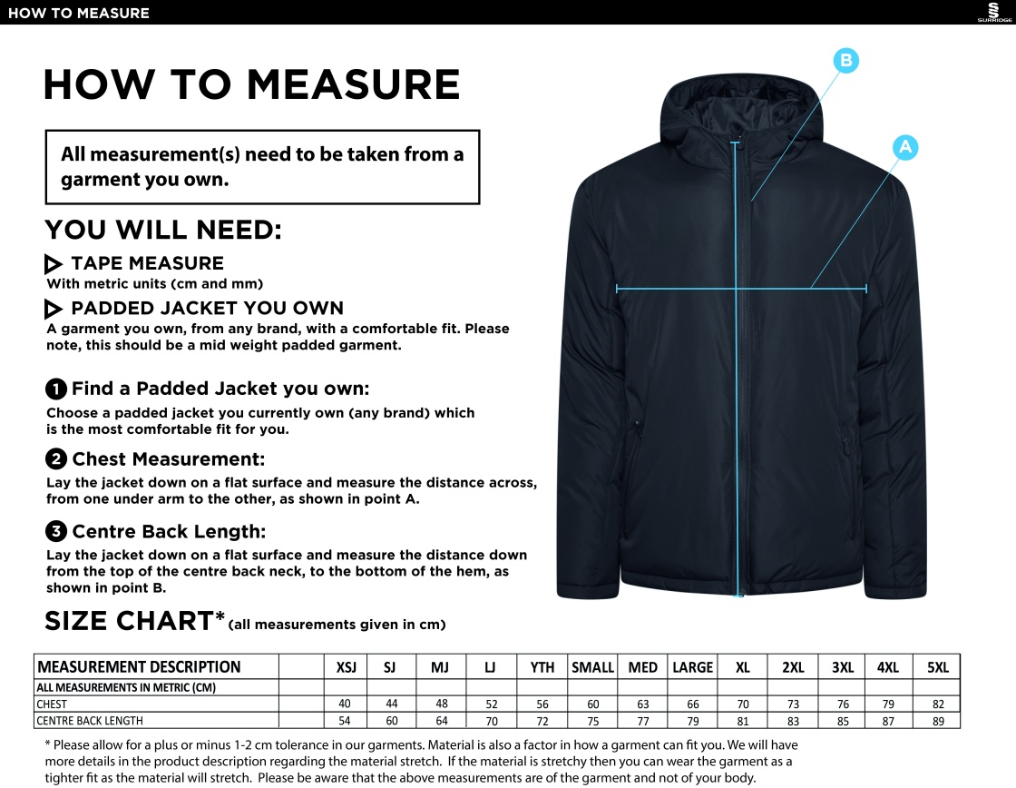 University of Warwick - Active Padded Jacket - Unisex Fit - Size Guide