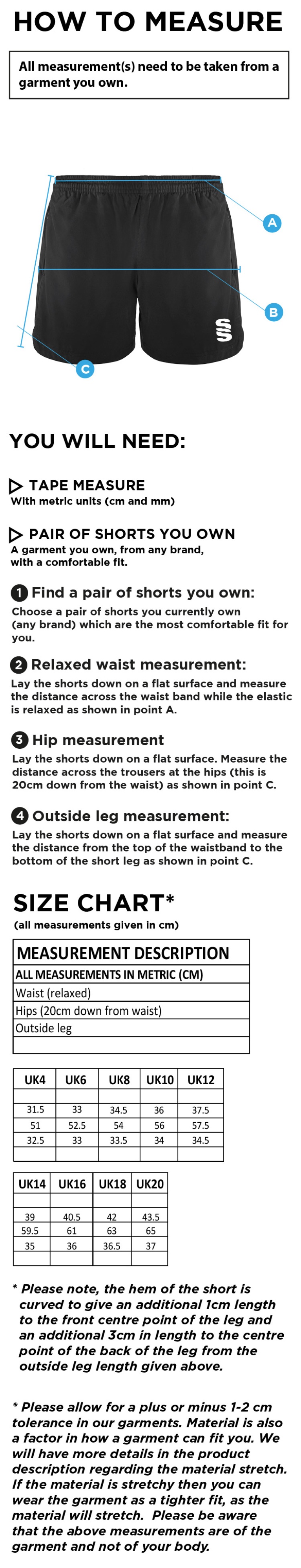 University of Warwick - Performance Gym Short - Women's Fit - Size Guide