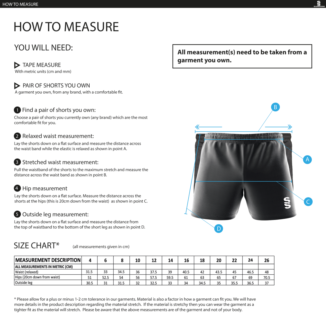 University of Warwick - Match Short - Black - Women's Fit - Size Guide