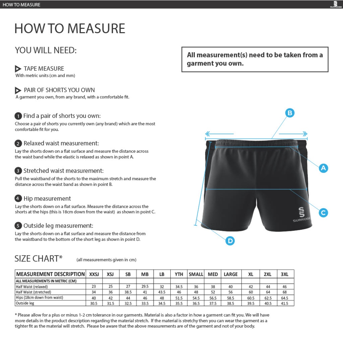 University of Warwick - Premier Rugby Short Black - Unisex Fit - Size Guide