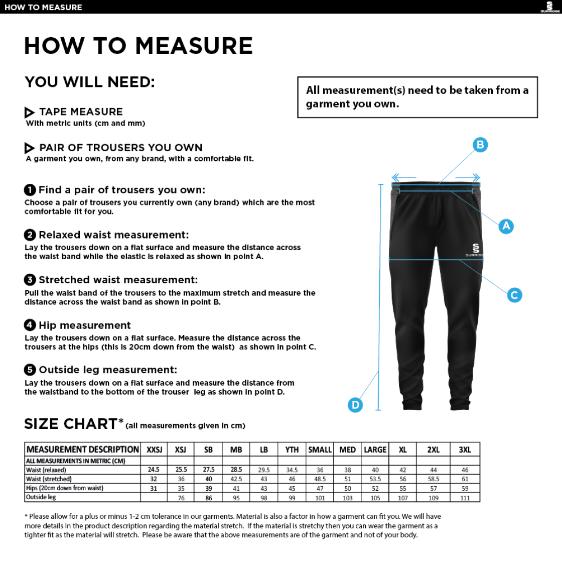 University of Warwick - Tek Slim Training Pants - Unisex Fit - Size Guide