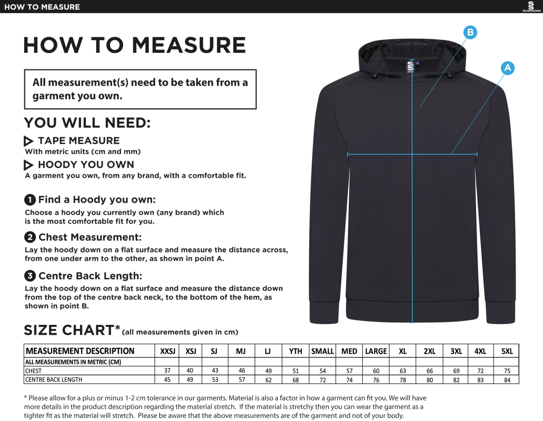 University of Warwick - Active Hoody - Unisex Fit SU - Size Guide