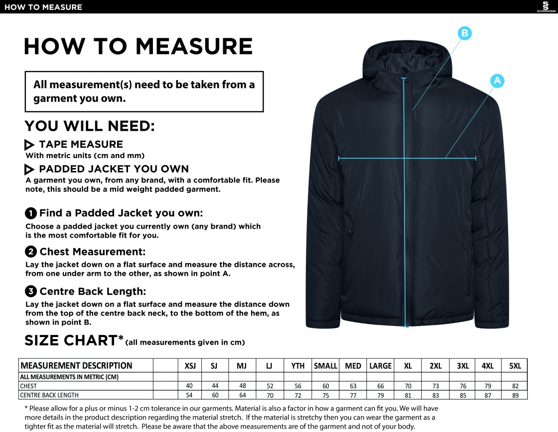 University of Warwick - Active Padded Jacket - Unisex Fit SU - Size Guide