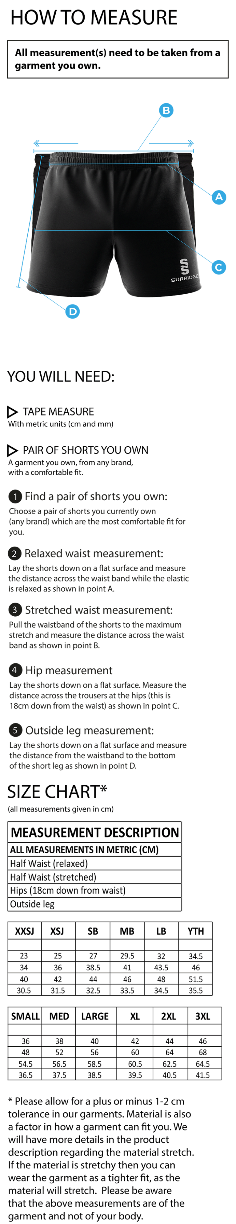 University of Warwick - Premier Rugby Short Black - Unisex Fit - Size Guide
