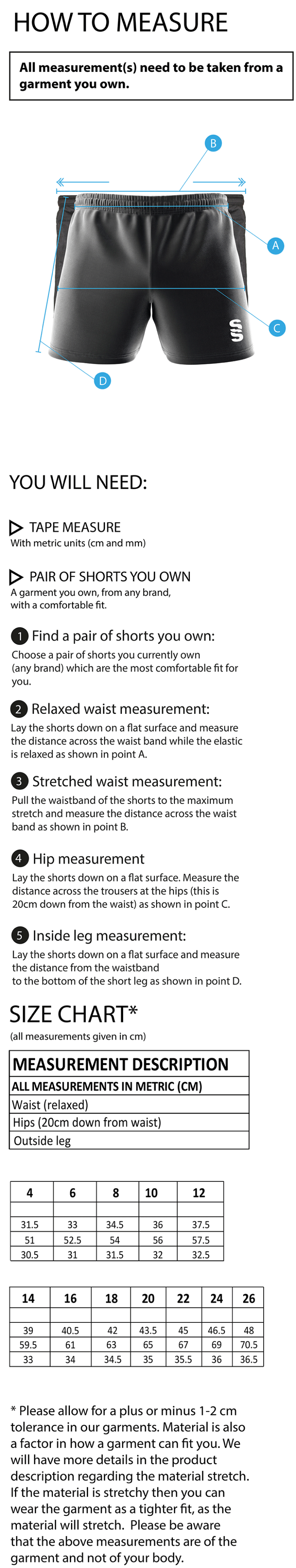 University of Warwick - Match Short - Black - Women's Fit - Size Guide