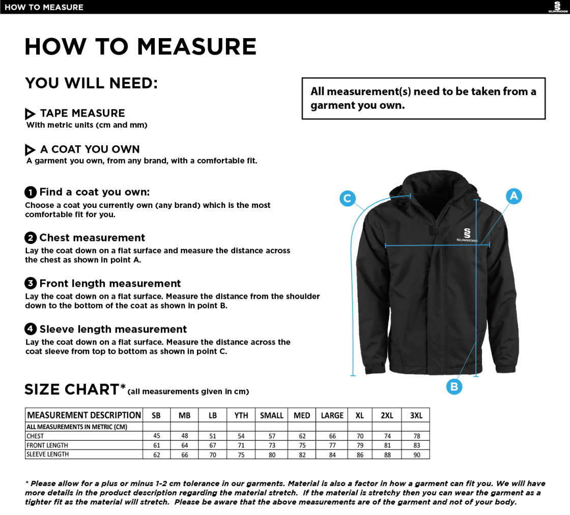 University of Warwick - Dual Fleece Lined Jacket - Unisex Fit SU - Size Guide