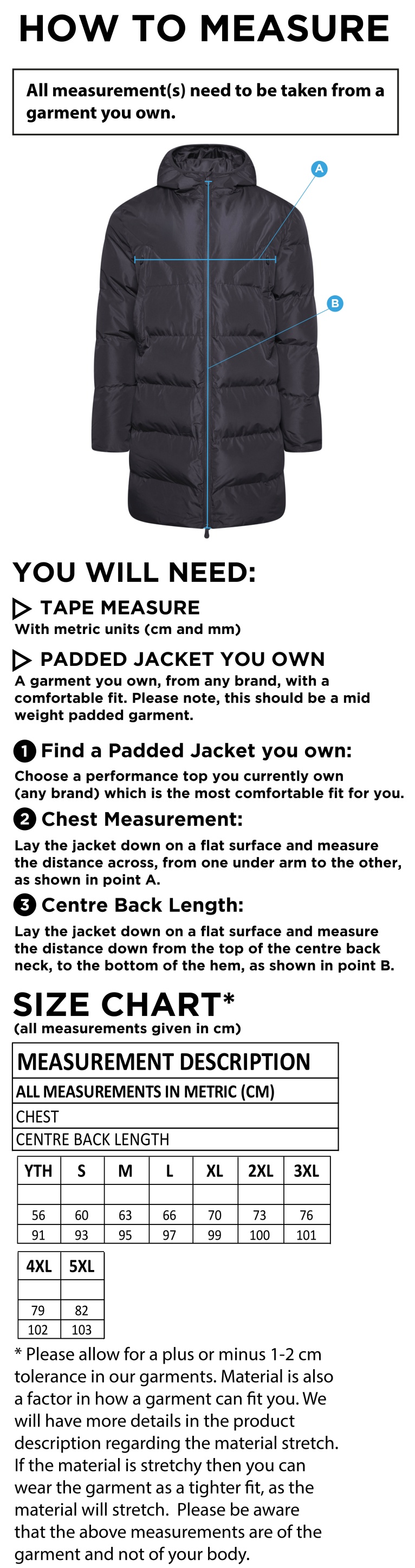 University of Warwick - Active Long Padded Jacket - Unisex Fit SU - Size Guide